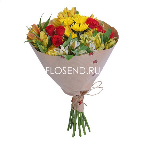 Букет из хризантем и кустовой розы и альстромерий - фото 3
