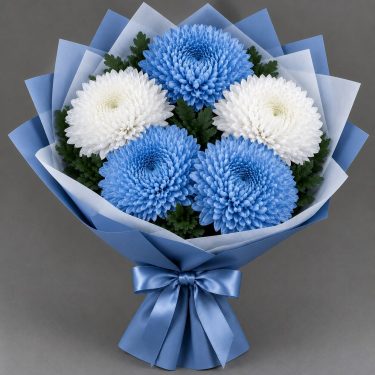 Букет из синих и белых хризантем